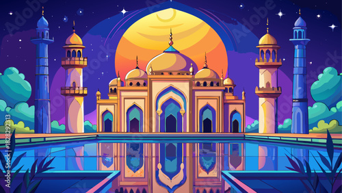 Illustration of a mosque with water reflection