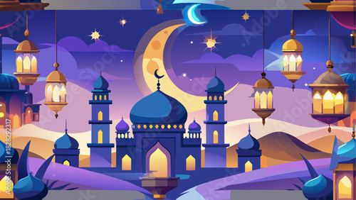 Illustration of mosque and moonlit night scene