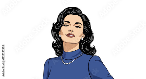 Sophisticated vintage cartoon character with dark hair and pearl necklace illustration