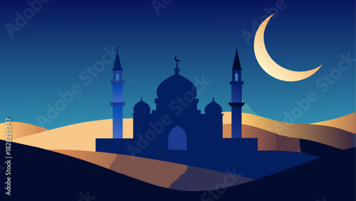 Silhouette of a mosque with a crescent moon night