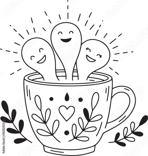 Three happy ghost characters in a teacup with floral decorations and radiating lines Keywords: ghosts, happy, smiling, cute, kawaii, teacup, cup