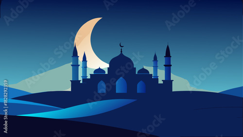 Silhouette of mosque against moonlit nightscape