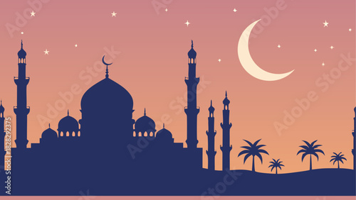 Silhouette of mosque with moon and stars at dusk