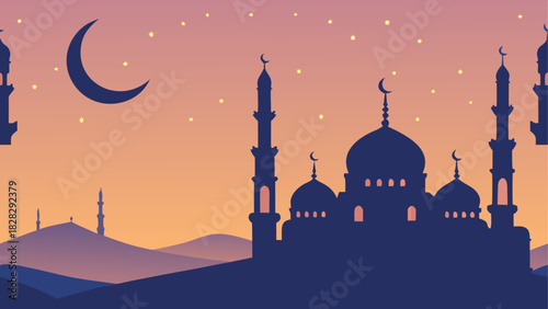 Silhouette of mosque with crescent moon and stars