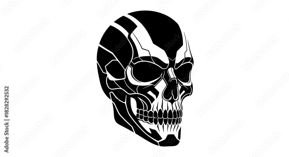 Obraz premium Black and white graphic illustration of a human skull on a plain white background.