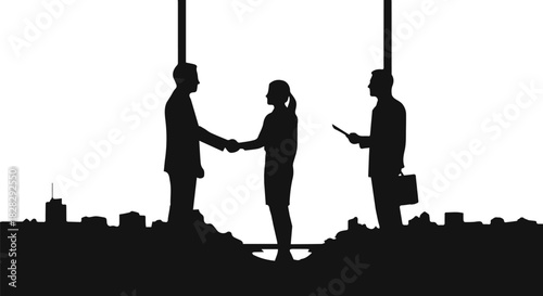 Businesspeople shaking hands with urban skyline background