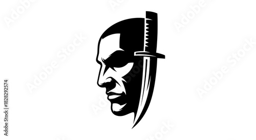Black-and-white illustration of a man's face with a dagger through it on a white