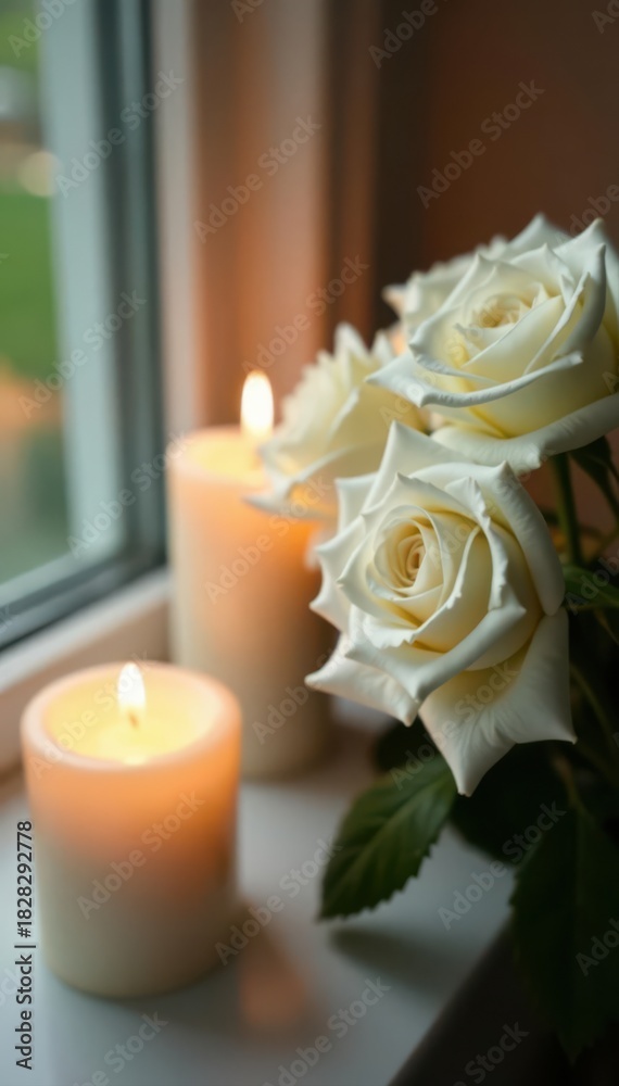 Obraz premium Close-up of pristine white roses illuminated by soft candlelight, peaceful atmosphere , white, stillness, flower
