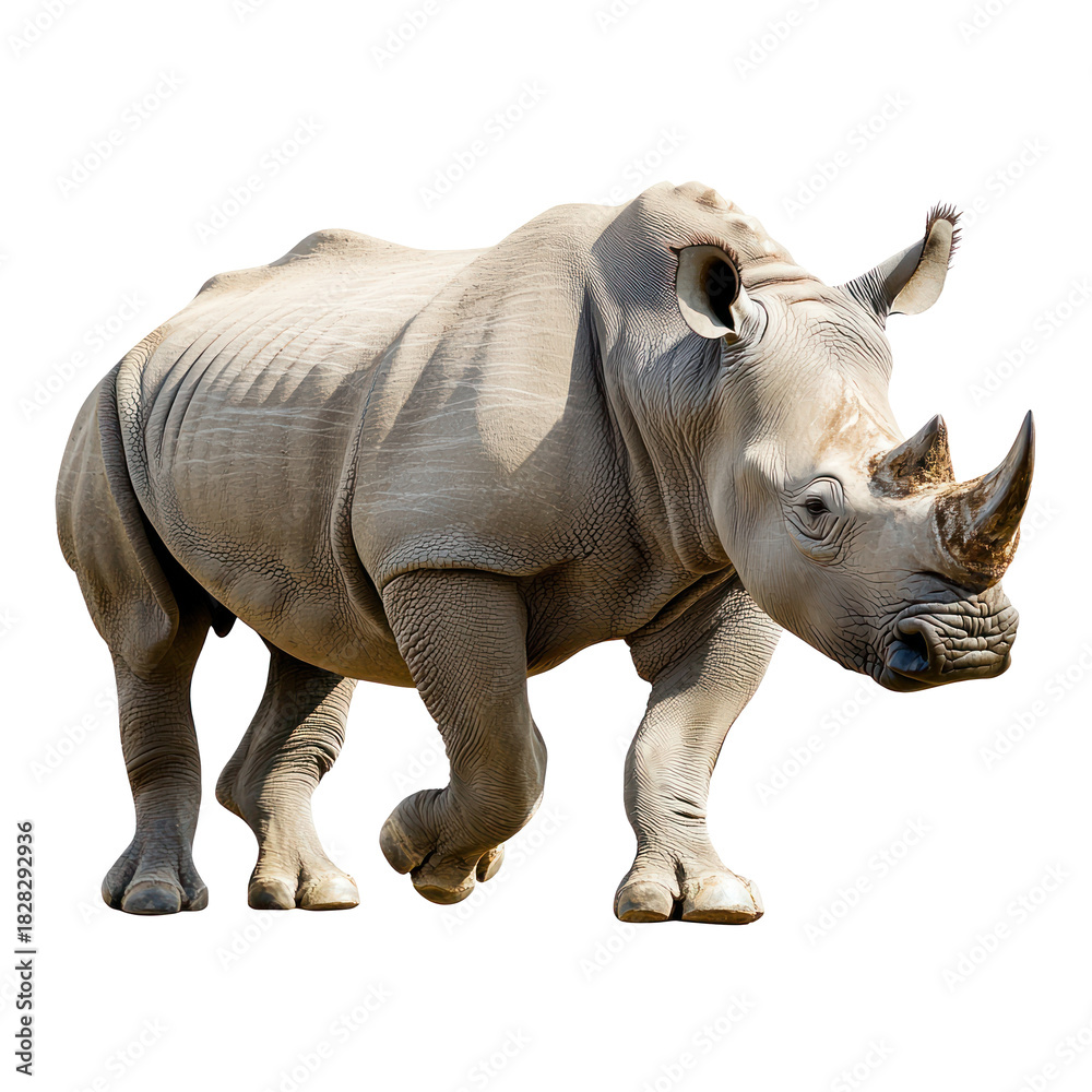 Obraz premium Rhino walking A rhino moves steadily with heavy steps, head low and tail swishing. full length isolate on transparent background