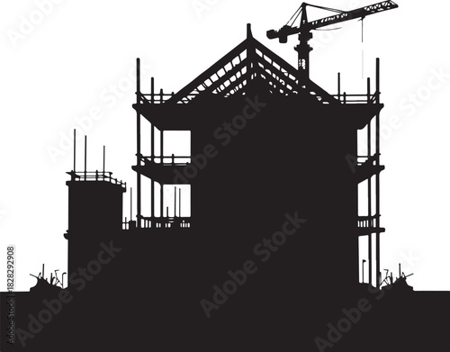Black silhouette of building under construction with crane