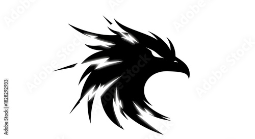 Black silhouette of an eagle's head with sharp feathers on a white background.