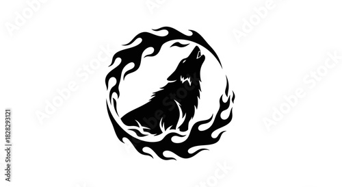 Black silhouette of a howling wolf surrounded by flames on a white background.