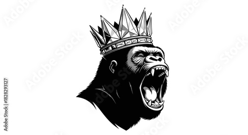 Illustration of a gorilla head wearing a crown and roaring, in black and white.