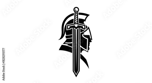 Black and white illustration of a sword with a gladiator helmet on a plain white