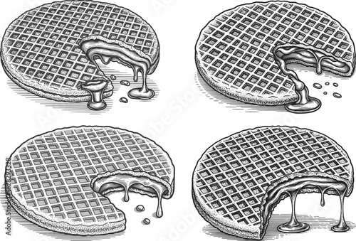 Vintage engraved waffle cookie icon set featuring melted caramel filling, detailed texture pattern and classic dessert style
