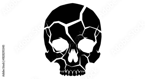 Black cracked skull icon on a white background with sharp lines.
