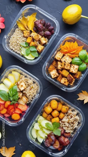 Creative composition of vegan dishes and ingredients forming the word 