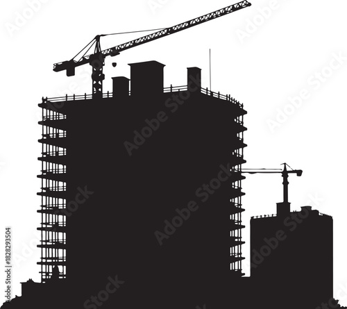 Black silhouette of construction cranes and unfinished buildings