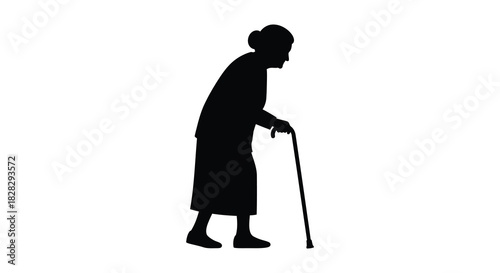 Elderly woman walking with cane silhouette on white background