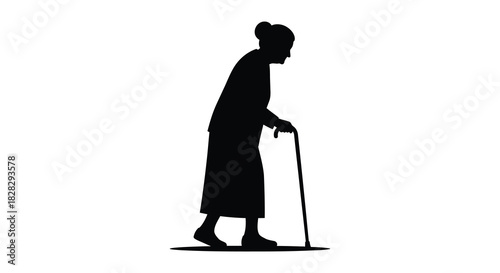 Elderly woman walking with cane silhouette in black and white