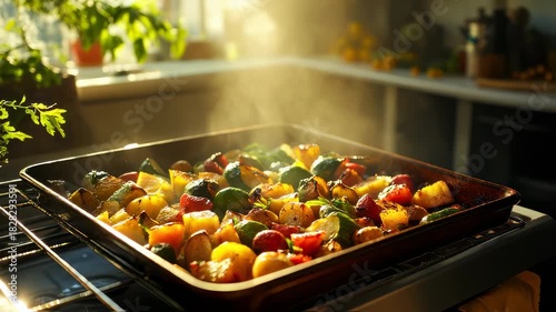 Delicious roasted vegetables on baking tray in oven with steam filling the air appetizing