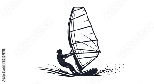 Windsurfer riding the waves in a black and white silhouette