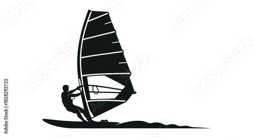 Windsurfer on the water sports activity black and white silhouette