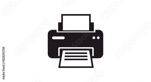 Printer icon illustration with paper output tray in black silhouette