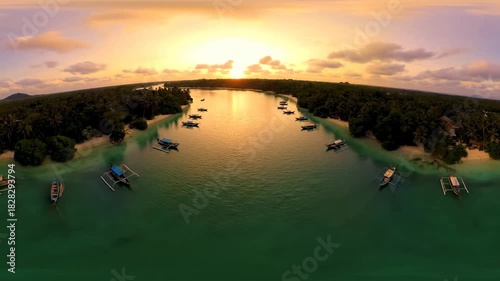4k, Panoramic aerial drone shot of traditional fishing boats moored along a tropical river bordered by lush rainforest at sunset, featuring warm, golden light and a tranquil