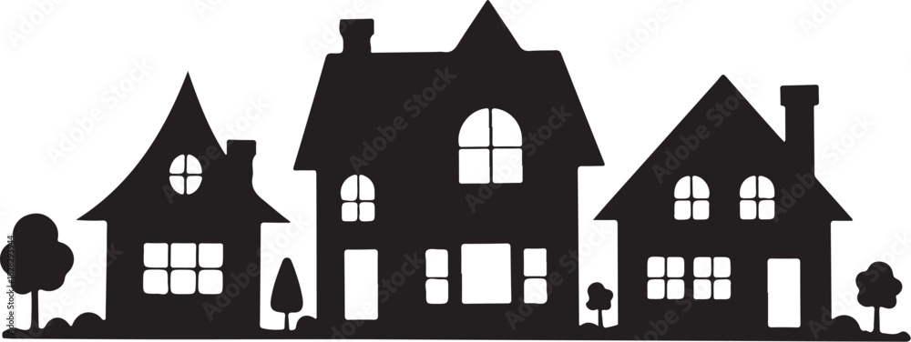 Fototapeta premium Black silhouette of three houses with trees and windows