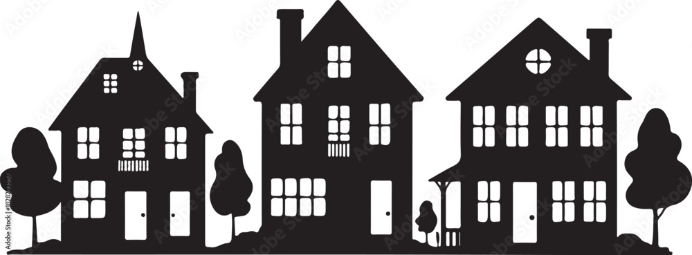 Fototapeta premium Black silhouette of three houses with trees home building