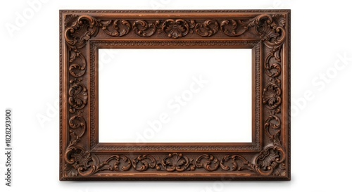 Ornate wooden picture frame with carved floral patterns on a white background