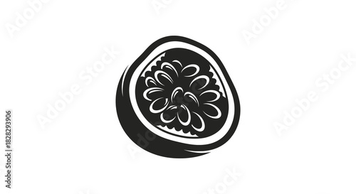 Passion fruit cut in half black and white silhouette