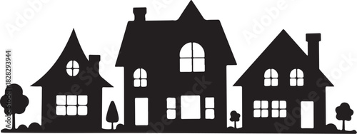 Black silhouette of three houses with trees and windows