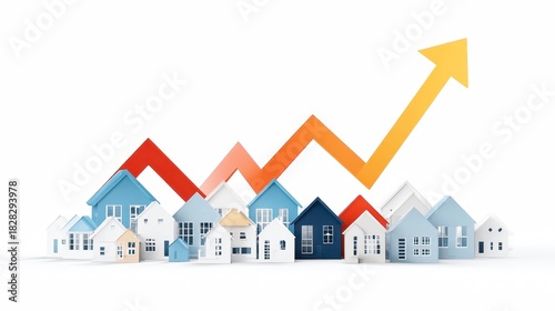 Real estate market growth concept with colorful houses and upward arrow showing increasing property value and sales trend in housing sector
