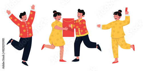 Flat illustration of cheerful kids celebrating Lunar New Year with big red envelopes symbolic patterns and festive outfits perfect for holiday projects posters social media themes branding needs and d