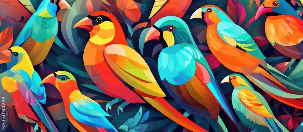 Fototapeta premium Vibrant and Colorful Abstract Painting of Tropical Birds in a Lush Jungle.