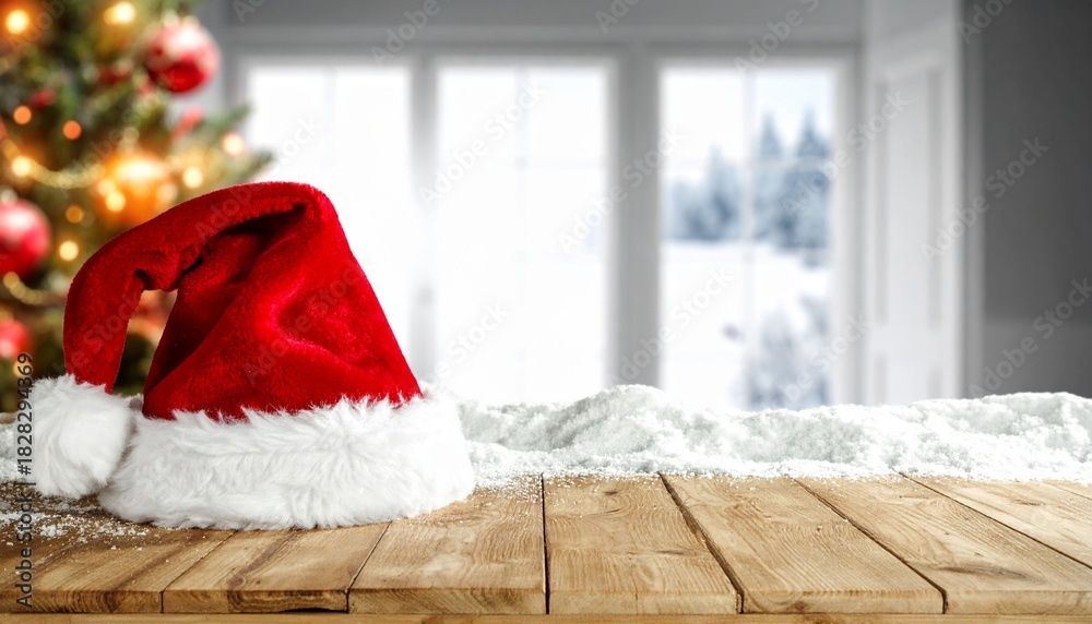 Fototapeta premium A cozy Christmas interior scene featuring a Santa hat resting on a wooden table with blurred holiday decorations and a Christmas tree in the background, creating a warm festive atmosphere.