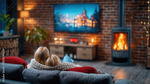Cozy winter evening watching TV by the fireplace with loved ones creates a sense of warmth, connection, and holiday cheer for a relaxing family night in
