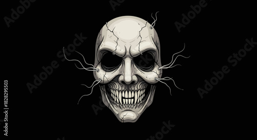 Terrifying skull with sharp fangs and eerie tendrils emerging from its face against a dark background, perfect for Halloween or horror themed designs