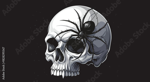 Striking skull with black widow spider illustration for edgy designs and Halloween promotions or gothic themes, perfect for edgy branding and dark humor projects