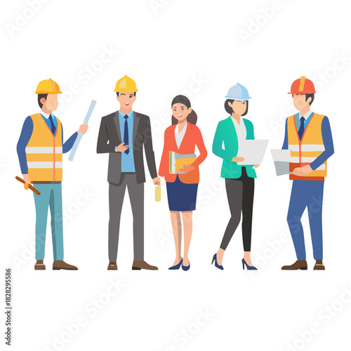 Collection of smiling male and female architects and construction engineers working on architecture project. Profession, occupation or job set. Colorful vector illustration in flat cartoon style.
