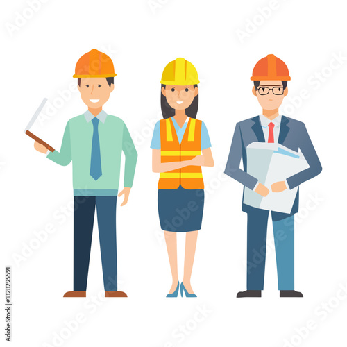 Collection of smiling male and female architects and construction engineers working on architecture project. Profession, occupation or job set. Colorful vector illustration in flat cartoon style.
