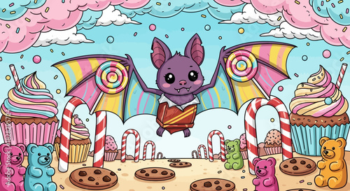 Whimsical candy wonderland with adorable bat, vibrant cupcakes, and playful gummy bears for delightful dessert dreams and imaginative kids' designs