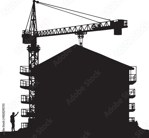 Silhouette of construction crane over building with person