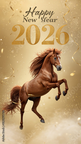 金色の背景を飛翔する馬が2026年の幸せな新年を象徴するインパクトのある縦長年賀デザイン. 生成AI