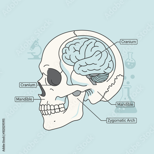 Anatomical illustration of a human skull with brain and labels.