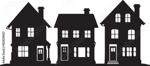 Three black silhouette houses with white windows and doors