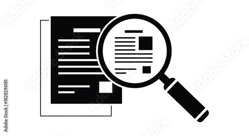 Magnifying glass inspecting documents and paperwork in black and white silhouette