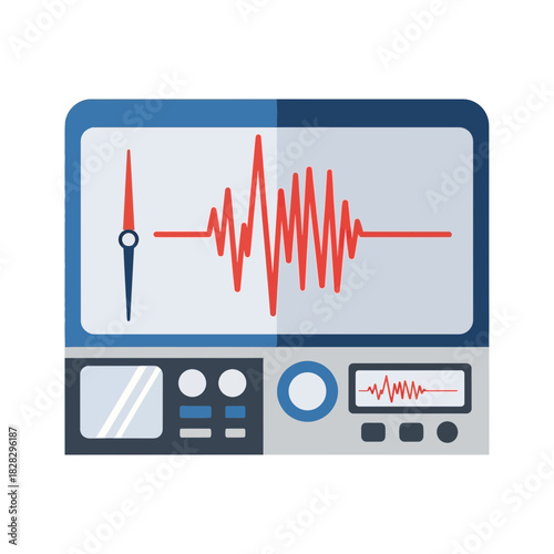 Seismograph displays a red earthquake wave on a screen.